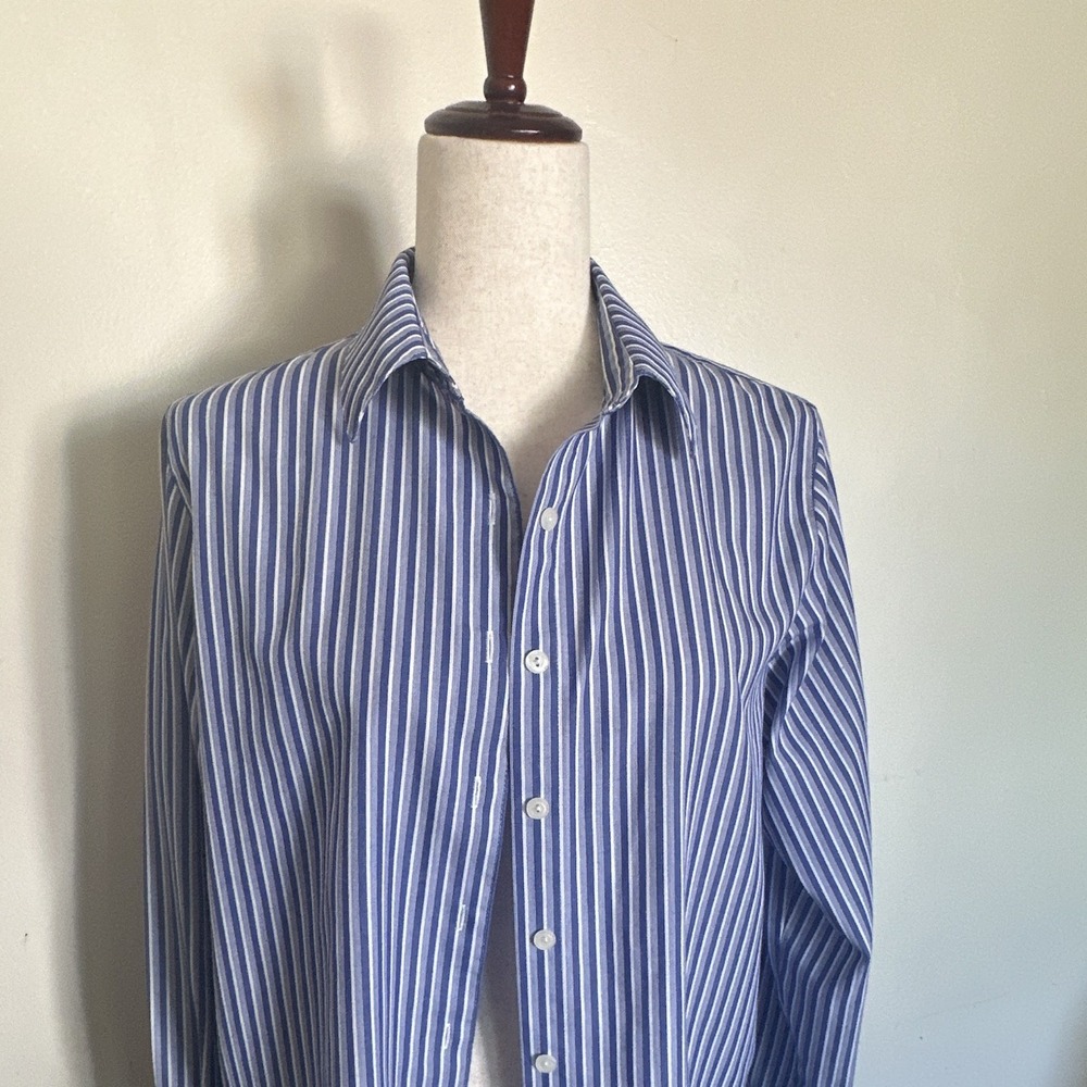 Foxcroft Women's 12P Blue/White Striped Collared ButtonUp Wrinkle Free Business